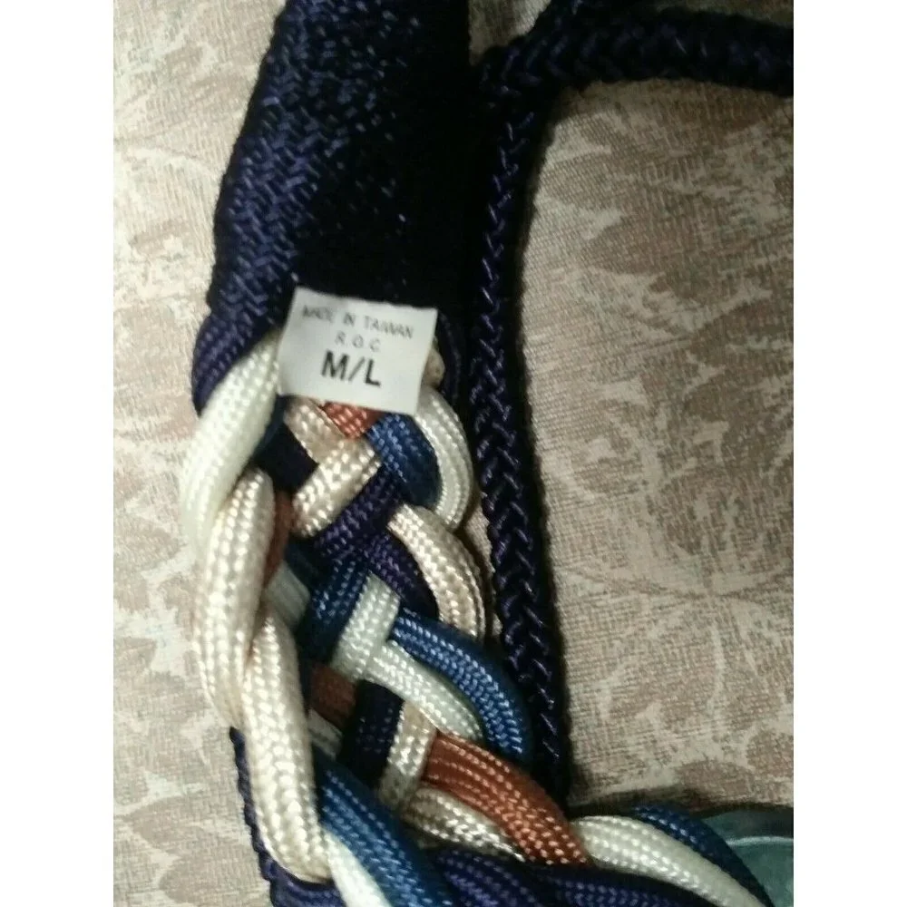 Womens Braided rope belt M/L Vintage Blue brown ivory, Silver ornate buckle Boho